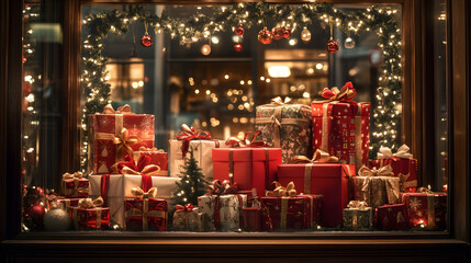 A Christmas gift shop window display filled with beautifully wrapped presents twinkling lights and festive decorations.