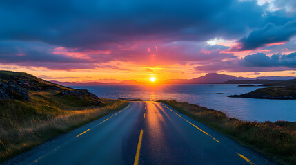 A picturesque ocean view from a coastal road with the sun setting behind distant islands and the sky ablaze with color.