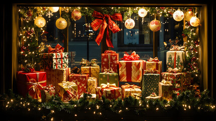 A Christmas gift shop window display filled with beautifully wrapped presents twinkling lights and festive decorations.