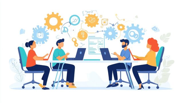 Teamwork meeting, concept. Person calls a team at remote work, online communication, management process in information technology, people on video calling. Flat isolated vector illustration on white