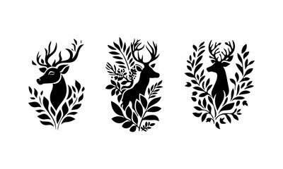 Fototapeta premium flora and fauna patterns, vector ornaments with leaves and deer, for plotter cutting