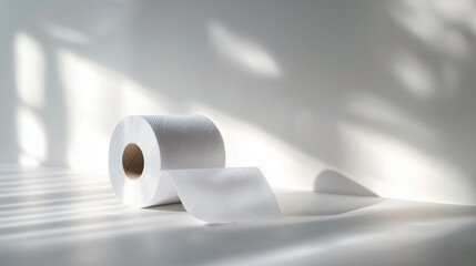 Single roll of white toilet paper elegantly displayed on minimalist surface with soft natural light and shadows