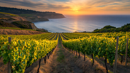 Naklejka premium A picturesque ocean view from a hilltop vineyard with rows of grapevines leading down to the shore and the sea beyond.