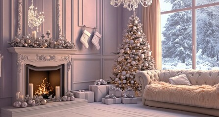 Cozy living room decorated for Christmas with a tree, fireplace, and snow view outside