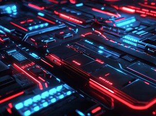 Obraz premium Futuristic digital landscape with glowing blue and red circuit patterns in a dark environment