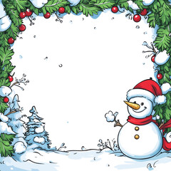 Christmas scene border illustration with snowman, with transparency