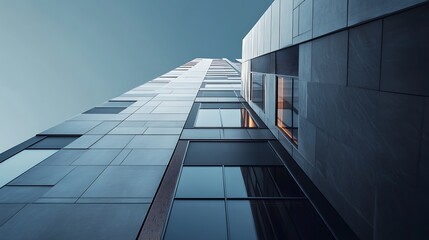 Modern skyscraper building architecture with glass facade and blue sky, low angle perspective
