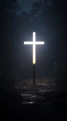 Naklejka premium Illuminated cross in a dark forest, spiritual