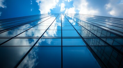 Obraz premium Modern Glass Skyscraper Building with Clouds Reflecting in Windows
