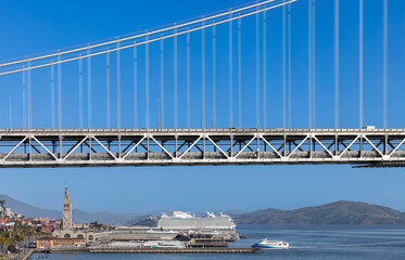 Panoramic San Francisco financial district skyline in city downtown with Oakland Bay Bridge.