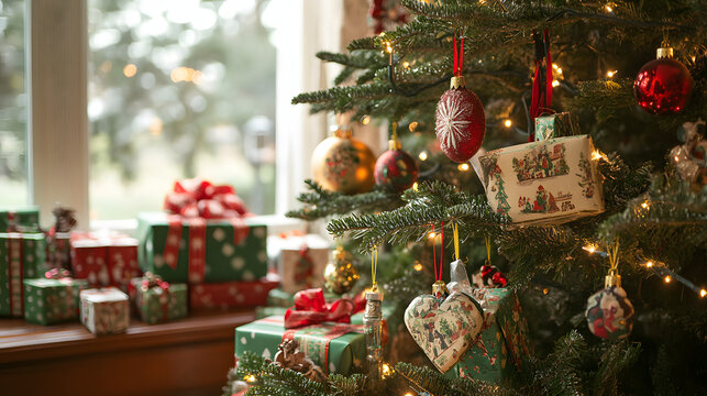 A Christmas tree adorned with handmade ornaments and small wrapped gifts nestled among the branches.