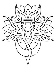 Gemstone, moon and plants, decorative element with weaving - vector linear picture for coloring in magical, elven style. Outline. Plant fragment for creating ornaments, template for creativity.