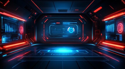 Futuristic Spaceship Interior, Corridor with Control Panels, Digital Interface, Glowing Neon Lights