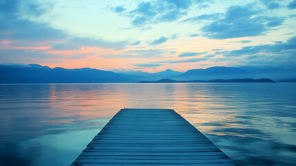 Obraz premium A serene ocean view from a peaceful dock with the sun setting behind distant mountains and calm water reflecting the sky.
