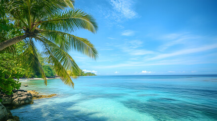 A serene ocean view from a tropical island with palm trees swaying in the breeze and crystalclear water.