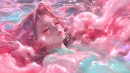 Fototapeta premium Dreamy Girl in Pink Clouds.