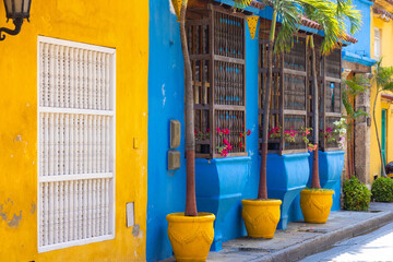 Colombia, colonial old Cartagena Walled City streets and colorful houses in historic center.