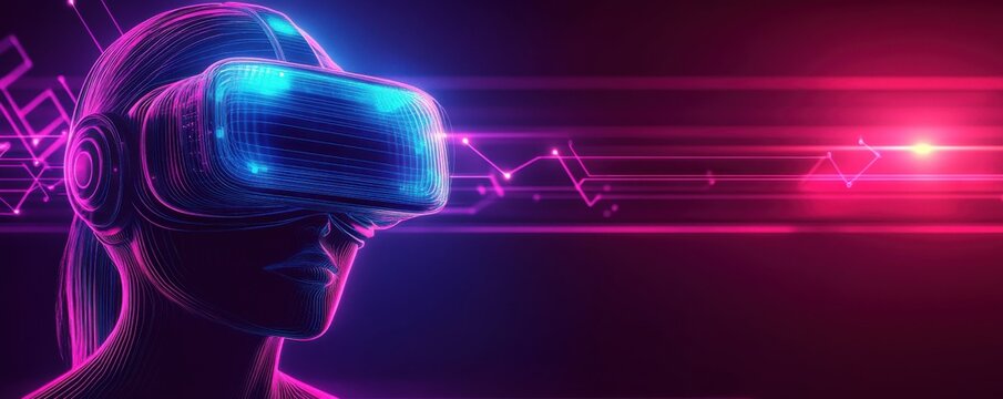 Abstract of neon lines forming the shape of a person wearing virtual reality headset in futuristic digital space