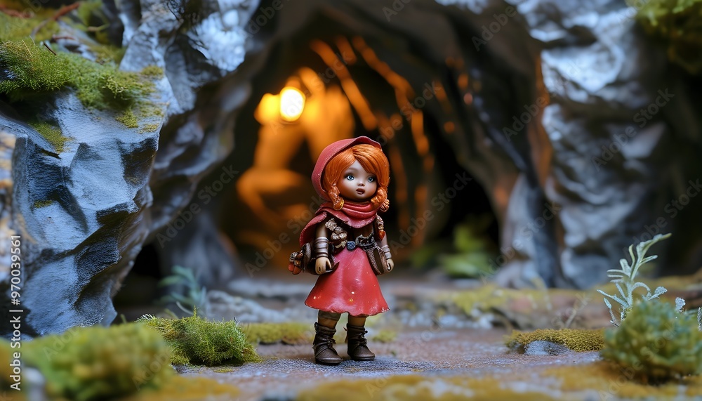 Wall mural whimsical scene of a red-haired girl discovering a treasure cave in a fantasy storybook setting