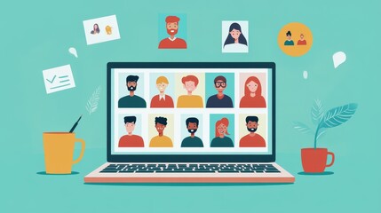 Fototapeta premium Virtual meeting via video conference call on a laptop, facilitating online communication among colleagues. This illustration represents the concept of telecommuting and remote work.