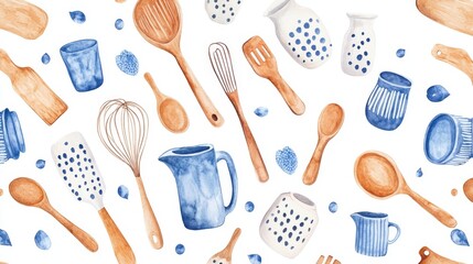 Watercolor kitchenware pattern: measuring cups, wooden spoons, milk jugs, spatulas, and whisks on a white background.