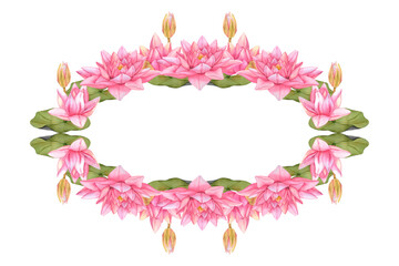 Wreath from Lotus Flowers. Hand drawn watercolor illustration of Tropical pink waterlily and green leaves on isolated background Template for wedding floral invitation, card, cosmetic package