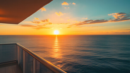 A stunning ocean view from a high balcony with the sun rising over the horizon and casting a golden glow on the water.