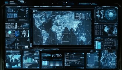 Futuristic Technology Interface With World Map, Global Business, And Cyber Security Concept.