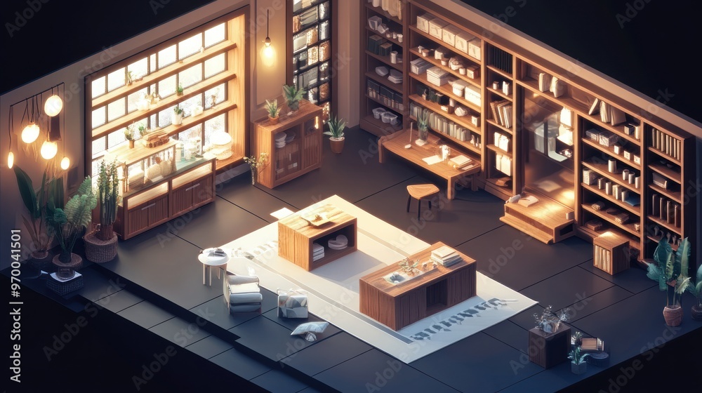 Wall mural isometric view of a cozy and stylish living room with bookshelves and natural light