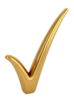 A shiny gold tick mark, often symbolizing confirmation or correct choice 3d OK positive verification and positive validation quality decision for yes check to agree correctness