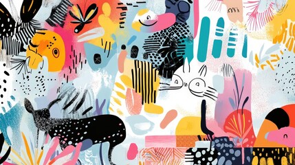 Obraz premium Vibrant dynamic collage featuring abstract animals and nature elements.
