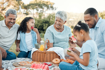 Nature, bonding and family generations on picnic for happiness, connection or love together in park. Smile, outdoor and children eating health snacks with grandparents and parents in field for fun.