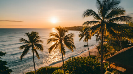 A stunning ocean view from a seaside villa with palm trees lining the shore and the turquoise sea stretching out to the horizon.