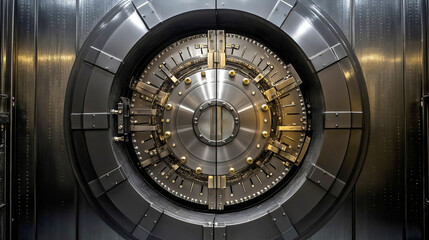 Fototapeta premium Meat or steel safe vault door in bank for money and treasure storage, a secure metal lock for protection and security in financial banking system