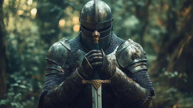 Knight in full body armor and sword praying to God Jesus Christ in forest, a historic medieval warrior or solider in nature, Christianity and religion,  repentance and salvation