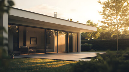 A sleek modern home with a minimalist design and large sliding doors set in a suburban landscape.