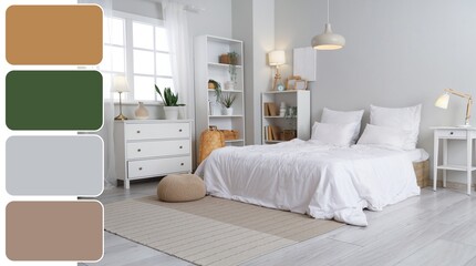 Interior of light bedroom with shelf units and glowing lamps. Different color patterns