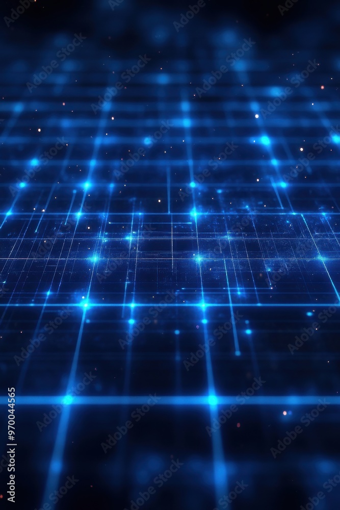 Poster futuristic blue grid pattern with glowing neon lines creating a digital matrix effect on a dark back