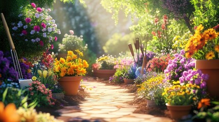 Stone path through a colorful blooming garden.