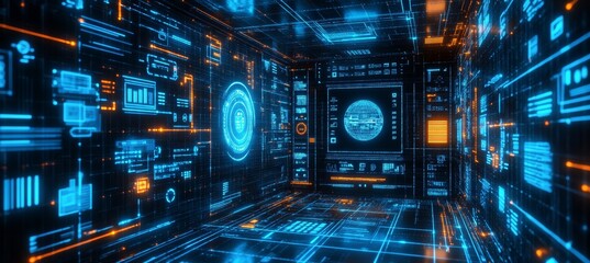 Futuristic Technology Background With Glowing Blue Lights, Circuit Boards, And Digital Data Streams.