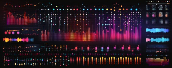 Colorful music equalizer set with sound waves and graphical representation of audio frequencies and dynamics
