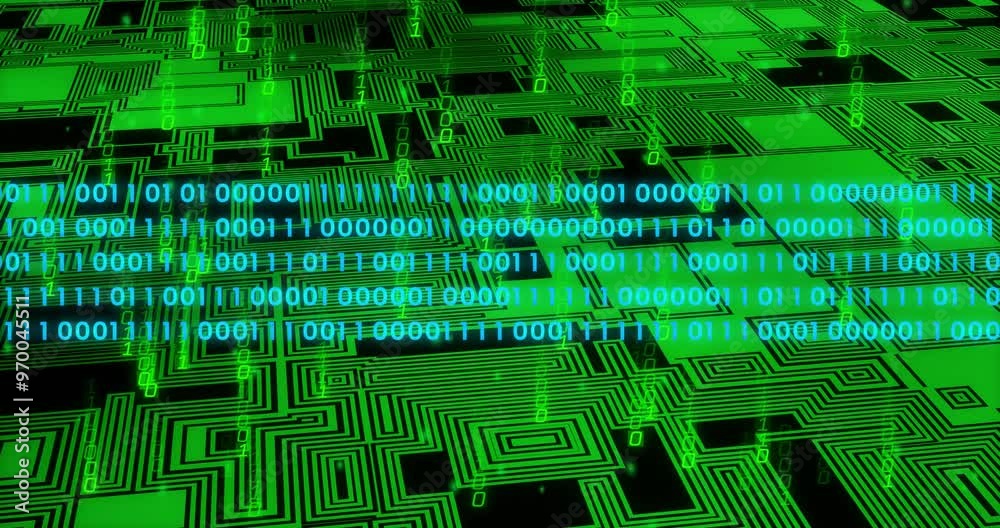 Poster animation of digital data processing binary coding over circuit board