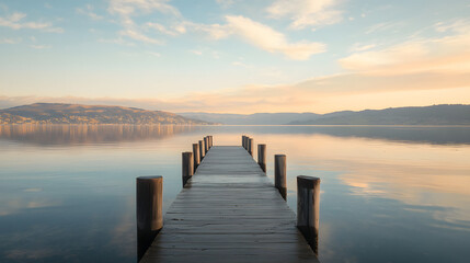 Fototapeta premium A tranquil ocean view from a peaceful pier with the sun setting behind distant hills and calm water reflecting the sky.