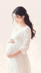 Elegant pregnant woman in flowing white dress gently cradles her baby bump against a soft pastel background during a serene moment