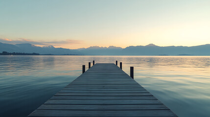 Obraz premium A tranquil ocean view from a peaceful dock with the sun setting behind distant mountains and calm water reflecting the sky.
