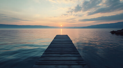 Fototapeta premium A tranquil ocean view from a peaceful pier with the sun setting behind distant hills and calm water reflecting the sky.
