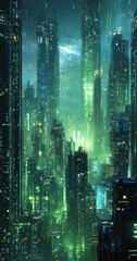 Futuristic digital cityscape with glowing skyscrapers and holographic neon lights illuminating a modern, high-tech urban environment at night