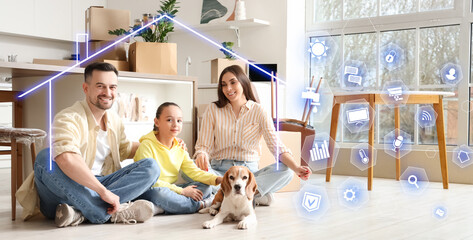 Happy family with Beagle dog sitting in kitchen on moving day