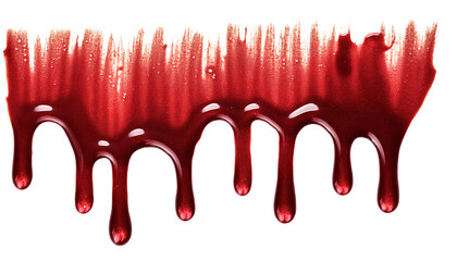 Dripping blood isolated on white background. Flowing bloody stains, splashes and drops
