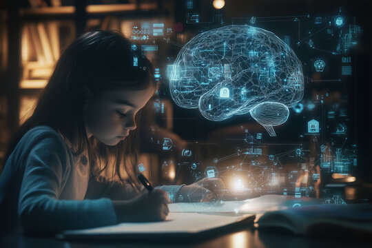 A child takes notes while interacting with an advanced digital AI brain interface in a cozy study filled with books